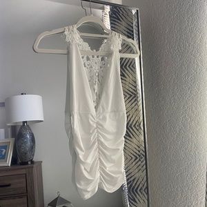 White Backless Lace Plunge Ruched Top